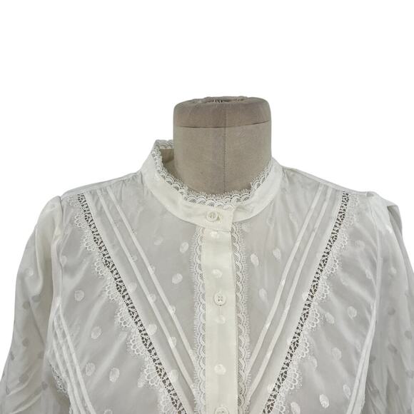 Current Air Los Angeles White Swiss Dot Lace Button Down Blouse Size Medium - Picture 3 of 11